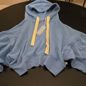 Anthropologie Daily Practice Blue Cropped Hoodie with Yellow Drawstrings